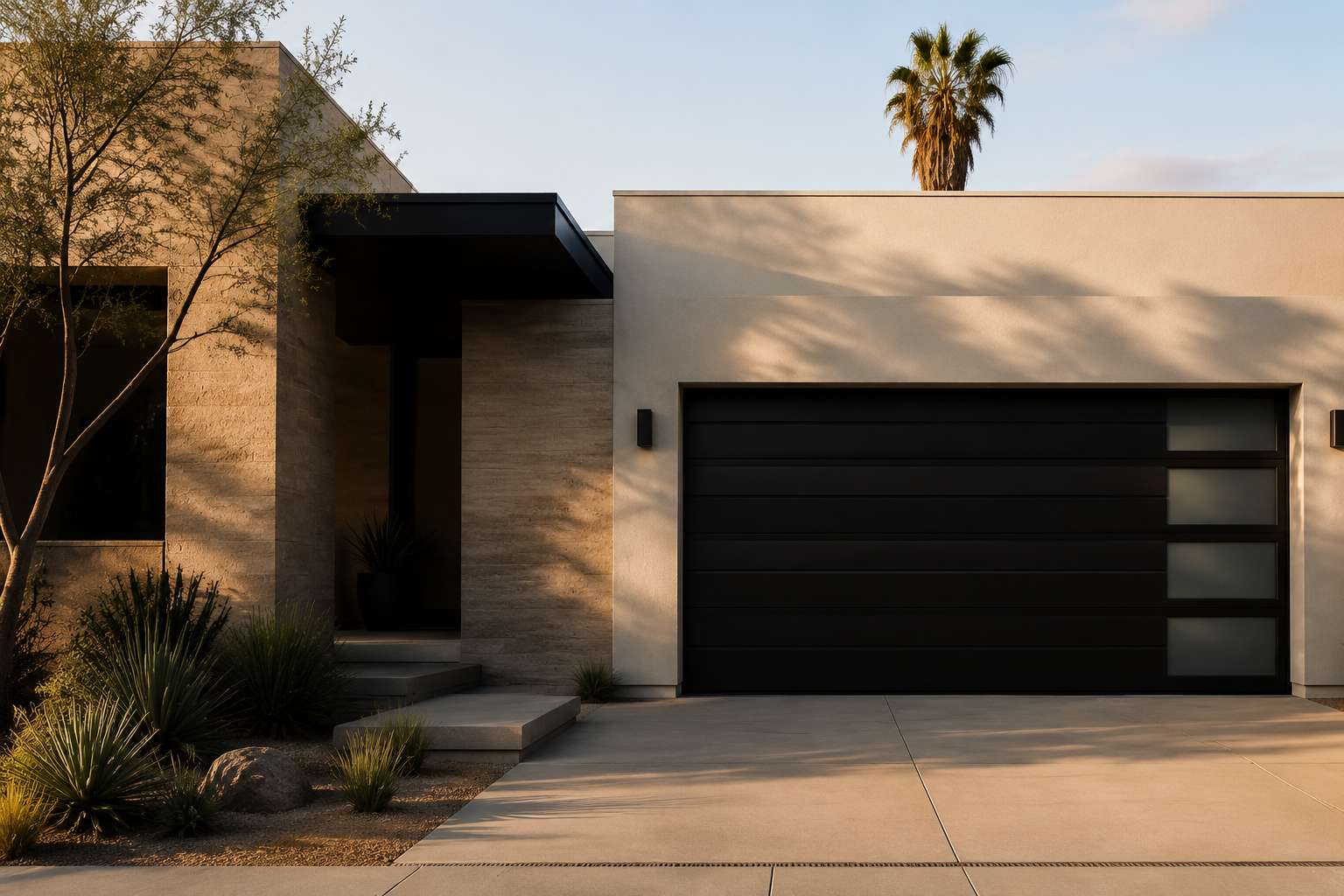 Modern Southern California home with a black architectural garage door